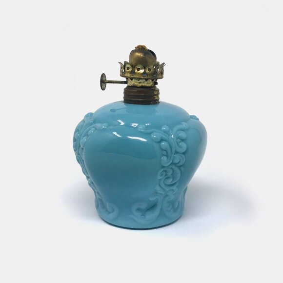 Antique EAPG Blue Glass Oil Lamp - Picture 4 of 7